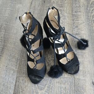 Black Lace-Up Peep Toe Heels with Pom Pom Accents - Women
